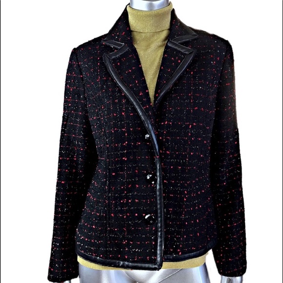 Fashion Bug Jackets & Coats Black Tweed Blazer Faux Leather Trim 2